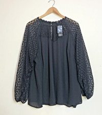 Torrid Georgette Lace Mix Blouse Top Sz 2X Womens Black Flowy Mesh Witchy Dressy picture