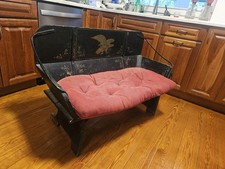 Antique Black Wooden Bench with Red Upholstered Cushion, Eagle Motif, 48