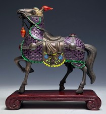 Vintage Chinese 8” Tall Silver Enamel Purple Horse on Wood Stand Inlaid Stones picture