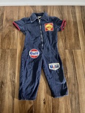 Vintage 1960s–70s toddler denim mechanic jumpsuit Shell, Gulf, and Mobile Sz 3 picture