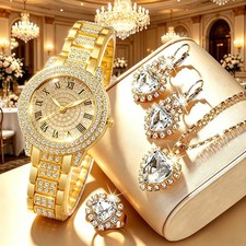 Womens Gold Watch Jewelry Set Rhinestone Quartz Wristwatch Necklace Earrings 5pc picture