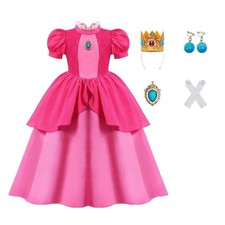Girls Princess Peach Costume, Pink Dress Set with Crown & Gloves for Halloween picture