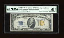 DBR 1934-A $10 North Africa Silver Fr. 2309 PMG AU-50 EPQ Serial B11122670A picture