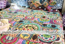 Reversible Queen Kantha Quilt Boho Blanket Throw Bedspread Indian Bedding Cover  picture