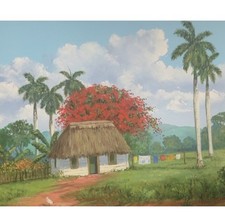 Original Tropical Cottage Landscape Painting Palm Trees Laundry Line Folk  11x10 picture