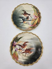 SET OF 2 ANTIQUE LIMOGES FRANCE LRL HAND PAINTED BIRDS CABINET PLATE SIGNED picture