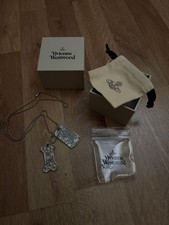 Vivienne Westwood Dog Tag Bone Necklace Antique Silver Box Pouch NEW picture