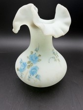 Vintage Fenton Blue Satin Glass Ruffled Vase Blue Roses Signed Metzger picture