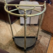 VICTORIAN BRASS DEMI LUNE UMBRELLA STAND WITH CAST IRON BASE 22” Tall 15” Wide picture