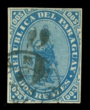 PARAGUAY 1878 LION - BLACK SURCHARGE handstamp 5c /2r blue Scott # 5 used VF picture