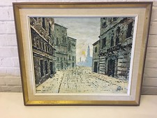 Vintage Mid Cent. Signed Oil on Board Painting Street Scene Buildings at Sunset picture