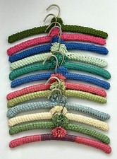 12 Vtg Hand Crocheted Wood Hangers w/  PomPoms Multicolor 1960's NICE picture