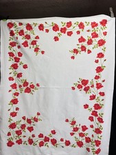 Vintage 1950s Red Rose Floral Cotton Tablecloth 63x50 Mid Century picture