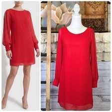 A Byer Red Open Slit Sheer Arm Long Sleeve Shift Mini Dress Womens XS picture