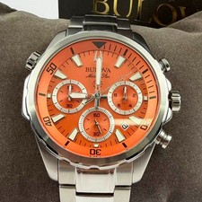 NEW Bulova Marine Star 44 mm Men’s Chronograph Quartz Watch Orange Dial 96B395 picture