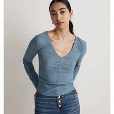 Madewell Semi-Sheer Shirred V-Neck Top Blue Long Sleeve NM647 FA23 Women M picture