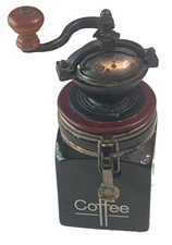 Vintage Cast Iron HUESNBREWS Coffee Bean Grinder On A Ceramic Black Jar Works picture