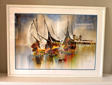 Large Framed Sailboat Harbor Wall Art Coastal Nautical Scene 45 x 33 picture