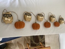 Primitive Fall Halloween Wall Hanger Wool Garland Owls and Pumpkins 64 Inches picture