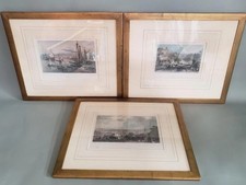 Triptych Set 3 Antique Hand Colored Engravings New York Boston Erie Canal Framed picture