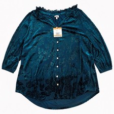 Anne Klein Women’s Plus Size 3X Teal Green Button Front Blouse Tunic Top picture