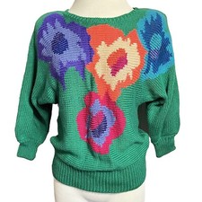 Golden Girls RARE 1990s Women’s Medium Dolman Green Floral 3/4 Sleeve Sweater picture