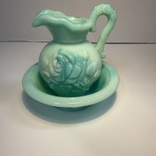 Avon Bath Oil Perfume Bottle Vintage Turquoise Blue Green Milk Glass Pitcher picture