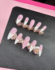 Extra long stiletto press on nails white French tips pink base handmade custom picture