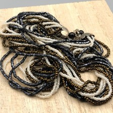 Vintage Multi Strand Seed Bead Necklace Black White Bronze Glass Torsade 17 Inch picture