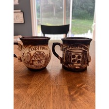 Vintage Ukrainian Ceramic Mugs Sofiyivka 3D Relief Pottery Set of 2 Brown Cream picture