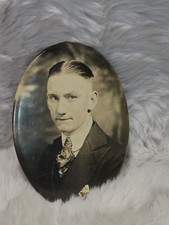 Vintage Fancy Gentleman Portrait Oval 2.75” Celluloid Button Compact Mirror picture