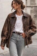 90s Women’s Oversized Distressed Brown Genuine Sheepskin Leather Bomber Jacket picture