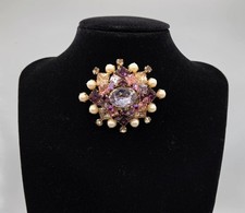 Vintage Signed SCHREINER New York Multi Tiered Rhinestone Pearl Brooch Pendant picture