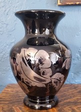 Fenton Silver Poppies Black Amethyst Glass Vase Hand Painted Vintage EUC picture