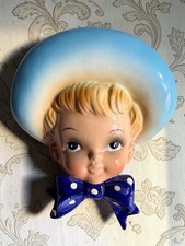 Vintage Ceramic ELBRO Head Wall Pocket Little Boy Blue Hat & Bow 💙 picture