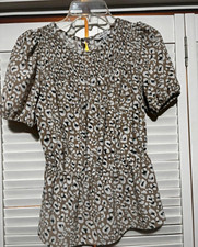 Nine West Women’s XS Beige Animal Print Smocked Puff Sleeve Blouse picture