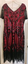 Fundaisy 1920s Vintage Inspired Sequin Fringe Dress Black/red , Size XXL picture