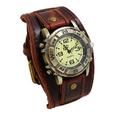 Vintage Retro Leather Cuff Bracelet Wide Band Steampunk Mens Quartz Wrist Watch picture