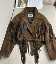 Women's Brown Suede Fringe Leather Jacket Western Cowgirl Tassel Leather Jacket picture