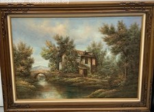 Vtg Oil Painting European Cottage Home Bridge Lake Trees Signed By M Webster HTF picture