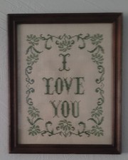 Vintage Framed I Love You Floral Cross Stitch Needlepoint Handmade Wall Art picture