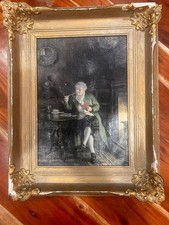 F.M. Bennett 1923 Signed Oil Painting Gentleman Playing Cards Pipe Antique picture