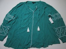 NWT Lane Bryant Women Size 20 V-Neck Shirt Teal Long Sleeve Tasseled Embroidered picture