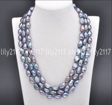 3 Rows Genuine Natural 7-8MM Black Baroque Freshwater Pearl Necklace 18-20'' picture
