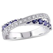 AMOUR 1/10 CT TW Diamond and Created Blue Sapphire Crossover Ring In Sterling picture