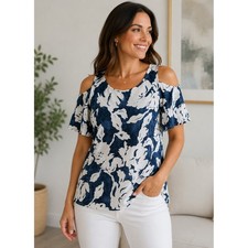 INC International Concepts Womens Top M Blue Floral Cold Shoulder Flutter Sleeve picture