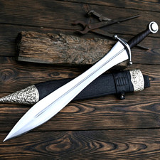 Hand Forged Viking Sword W/Scabbard 5160 Leaf Spring Steel Black Horn Handle picture