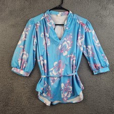 Vintage 70s Floral Knit Tunic Top Womens Small Cap Sleeve Belted Tie BK Blouse picture