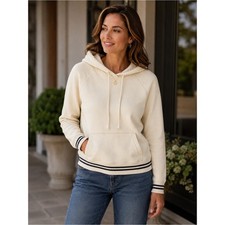 J.Crew 100% Cotton Cream Navy Stripe Pullover Hoodie Sweatshirt Size Small picture