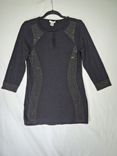Cache Womens L Black Rhinestone Studded Keyhole 3/4 Sleeve Top Y2K Glam picture